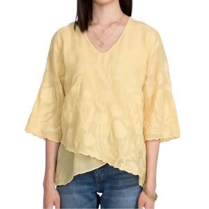 Johnny Was Yellow Silk Blouse Satin Asymmetrical Hem Blouse New Size Medium